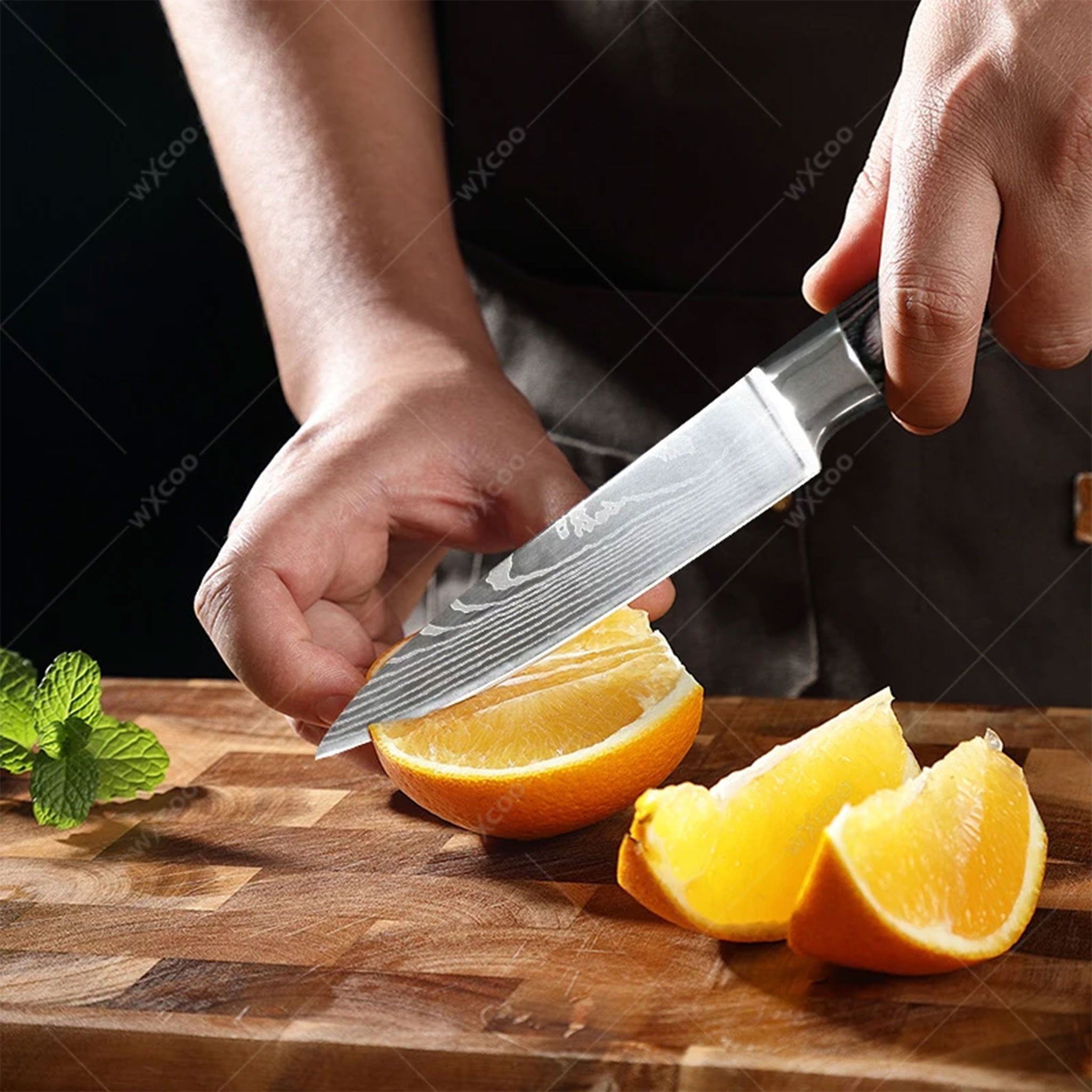 Damascus Laser Pattern Japanese Kitchen Knife Set – Chef & Santoku with Wooden Handles