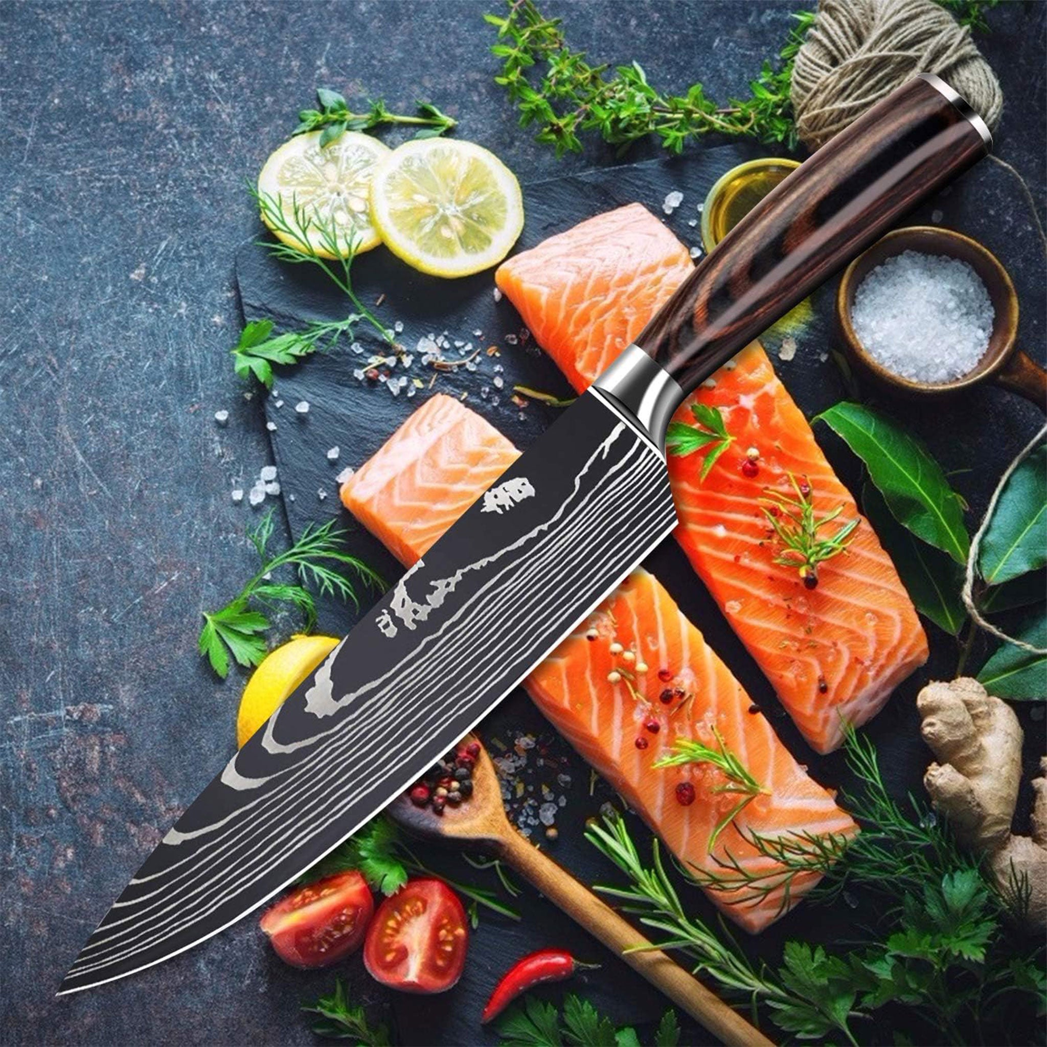 Damascus Laser Pattern Japanese Kitchen Knife Set – Chef & Santoku with Wooden Handles