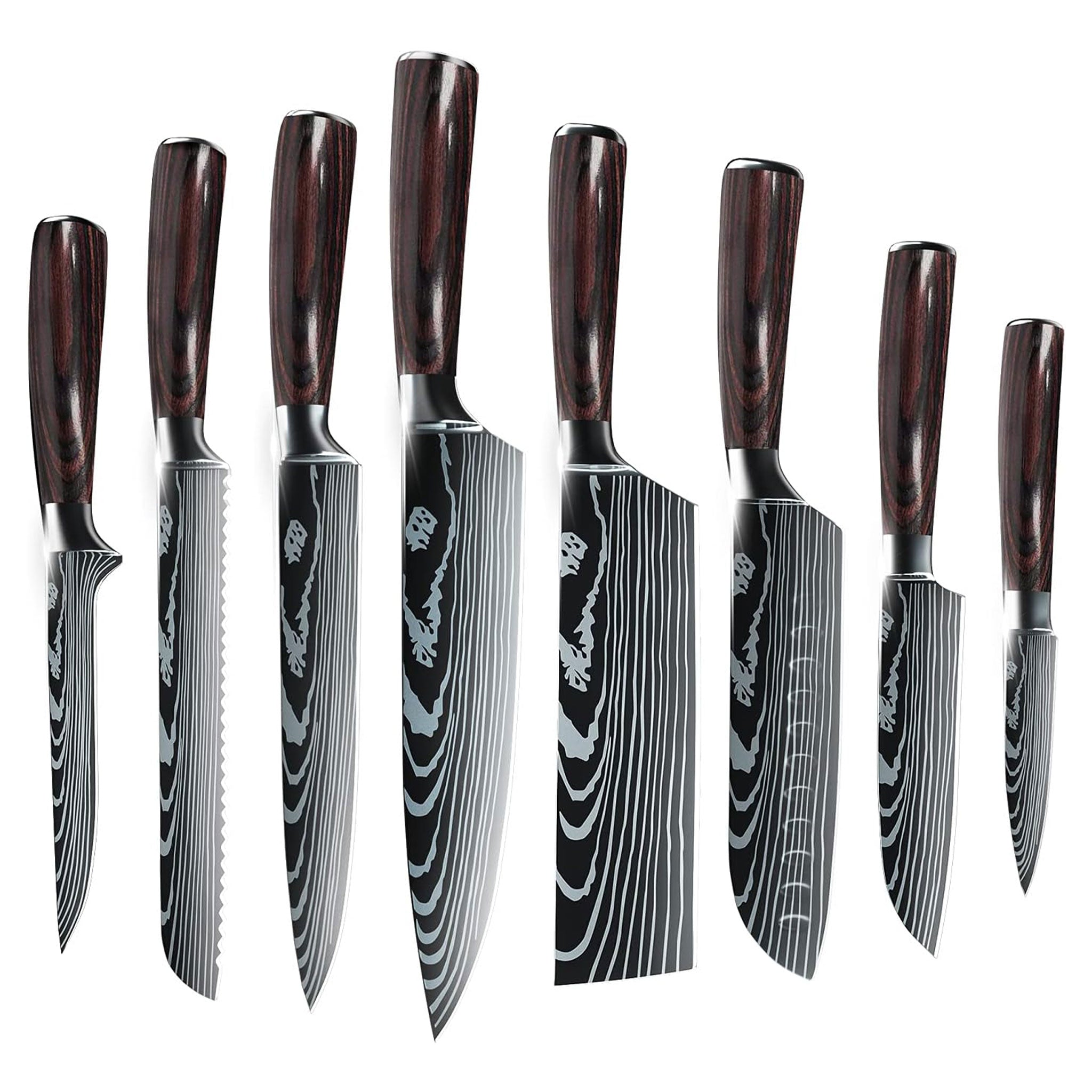Damascus Laser Pattern Japanese Kitchen Knife Set – Chef & Santoku with Wooden Handles
