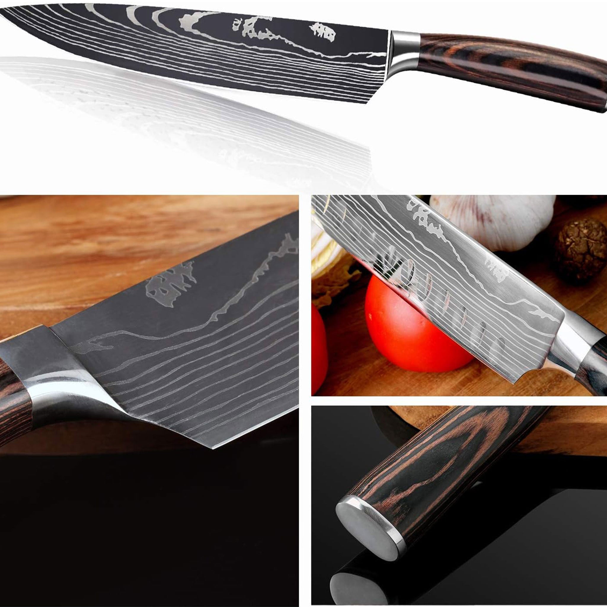 Damascus Laser Pattern Japanese Kitchen Knife Set – Chef & Santoku with Wooden Handles