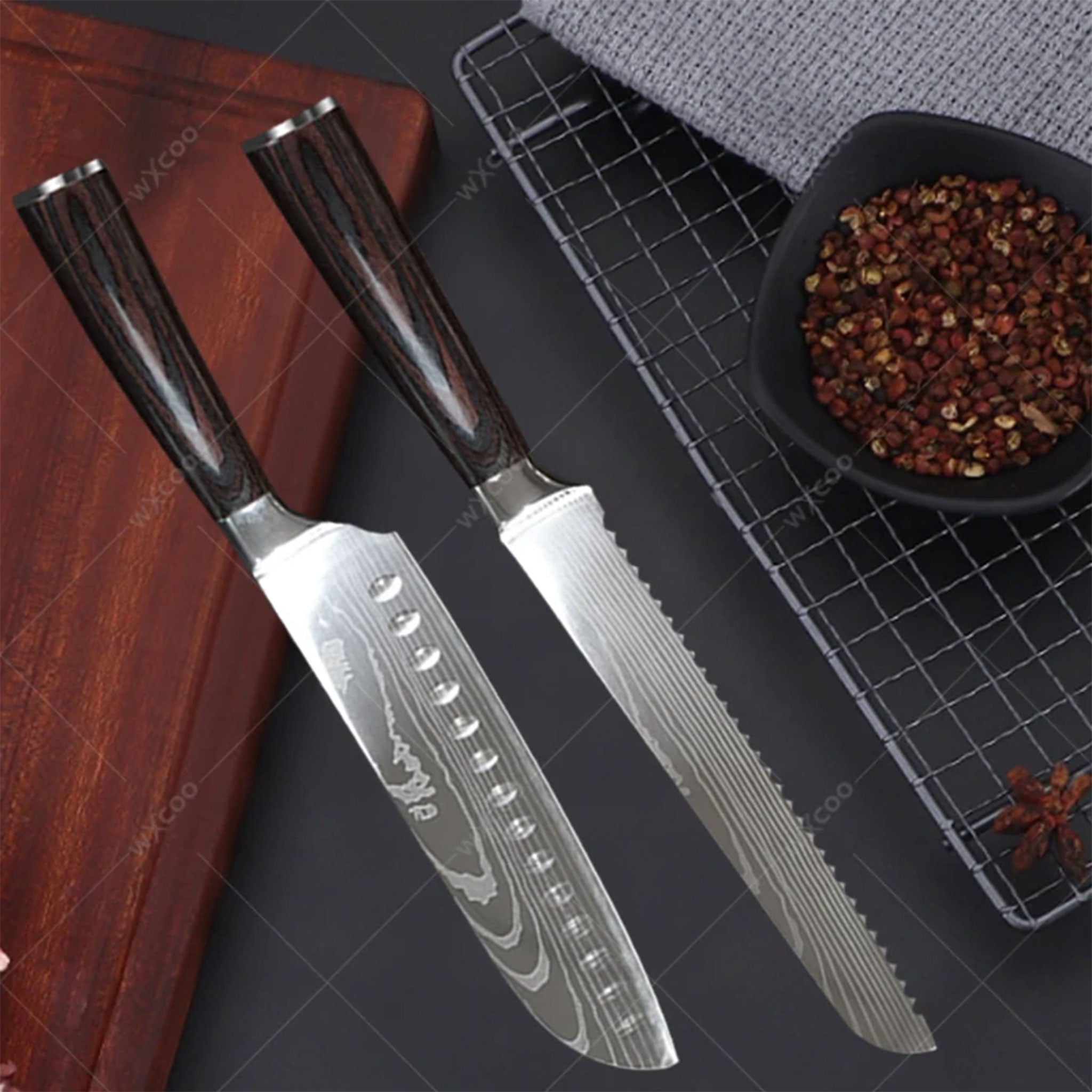 Damascus Laser Pattern Japanese Kitchen Knife Set – Chef & Santoku with Wooden Handles