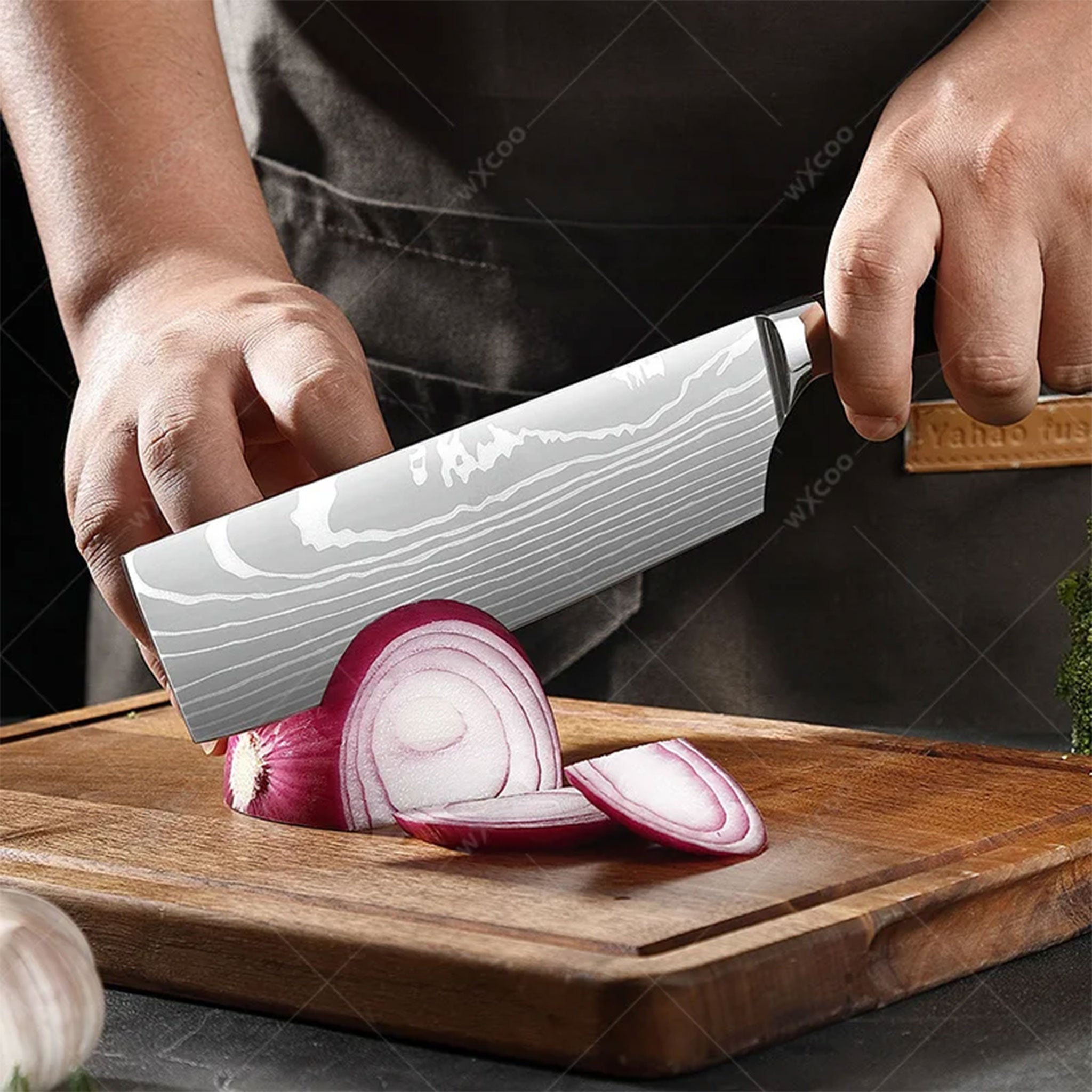 Damascus Laser Pattern Japanese Kitchen Knife Set – Chef & Santoku with Wooden Handles