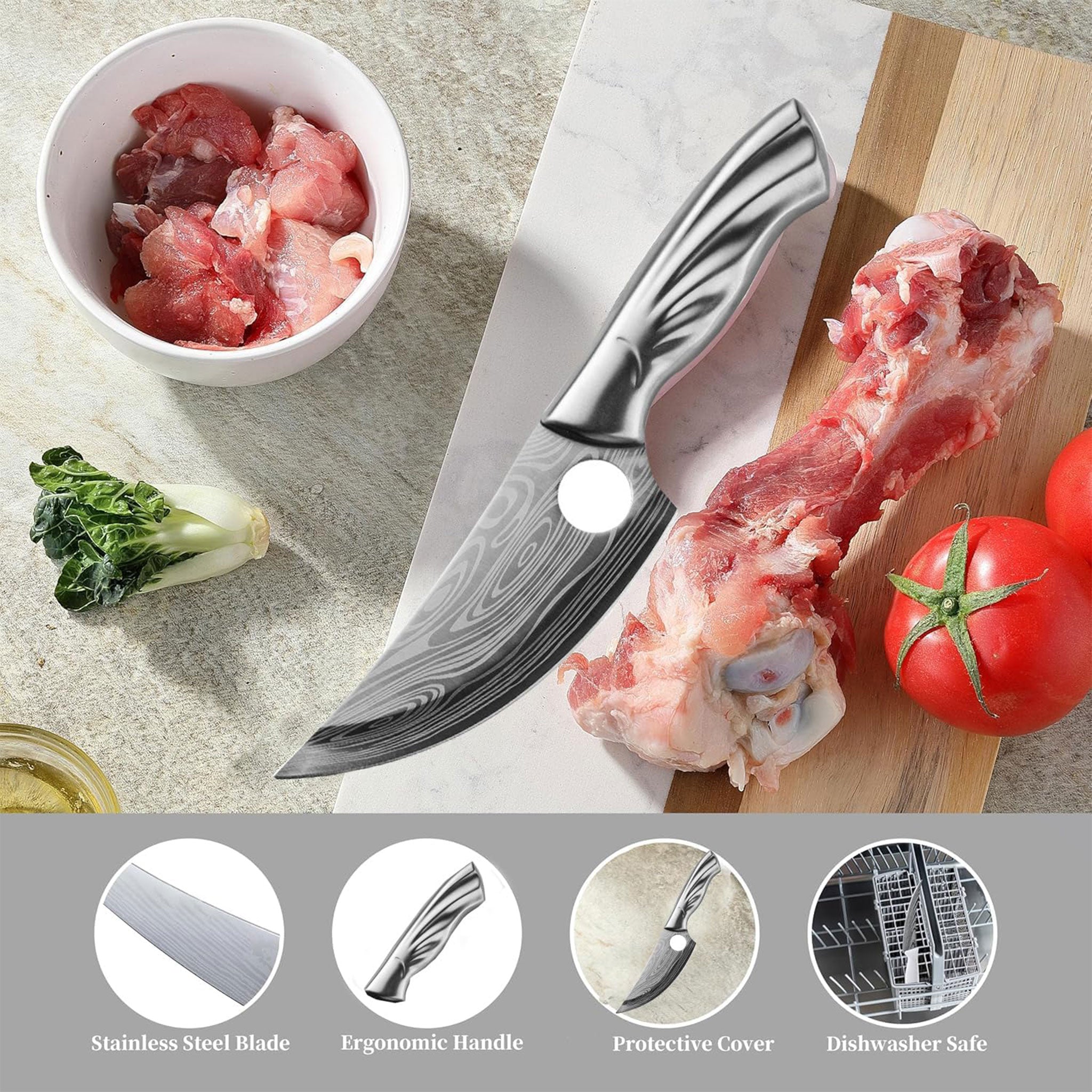 Damascus Pattern Kitchen Cleaver & Butcher Knife with Shears