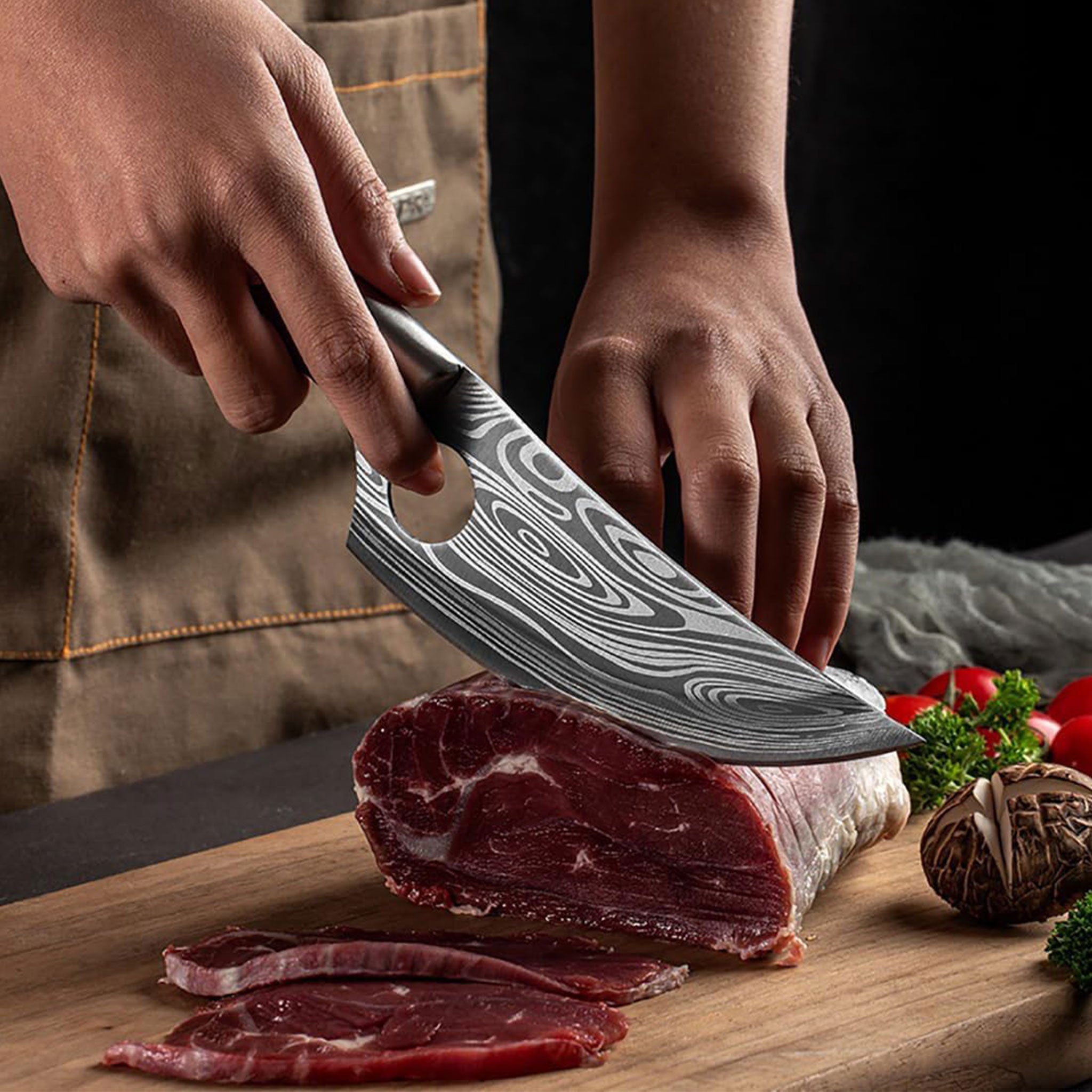 Damascus Pattern Kitchen Cleaver & Butcher Knife with Shears
