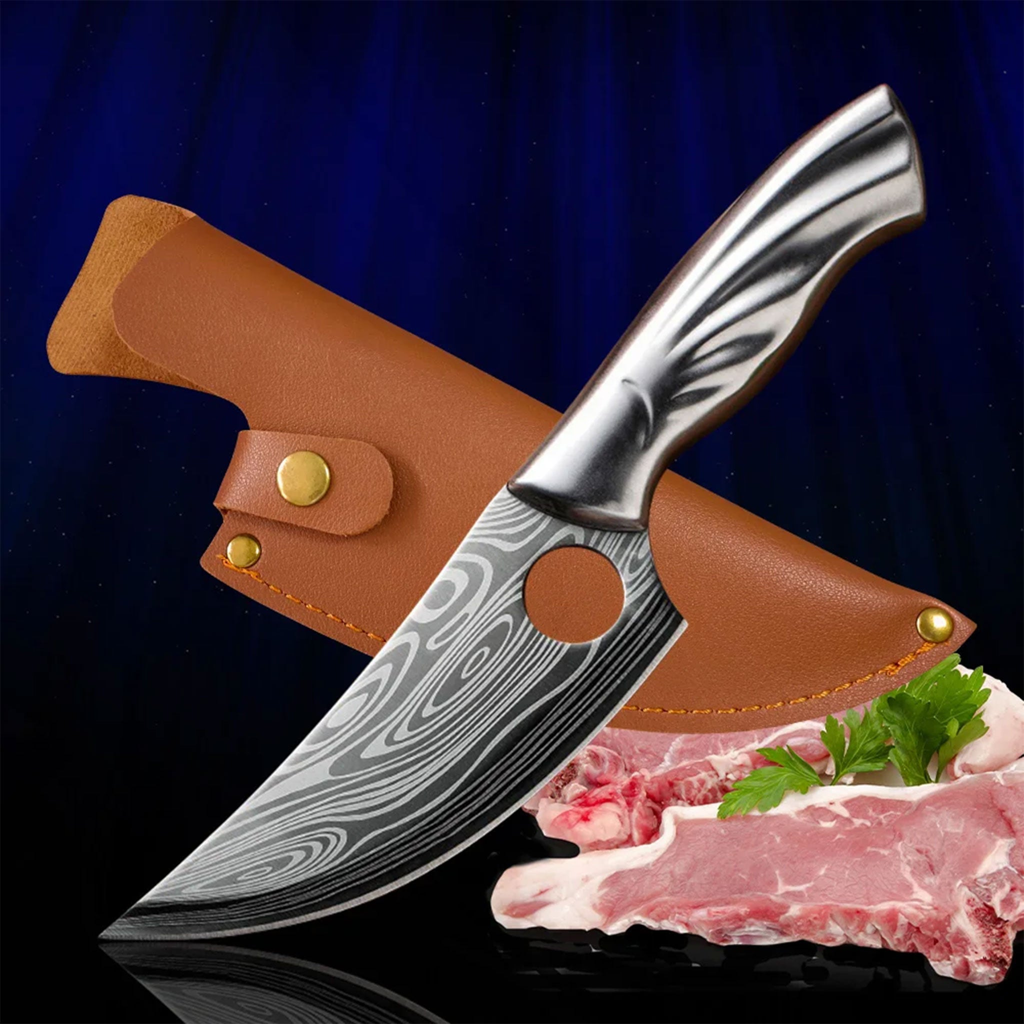 Damascus Pattern Kitchen Cleaver & Butcher Knife with Shears