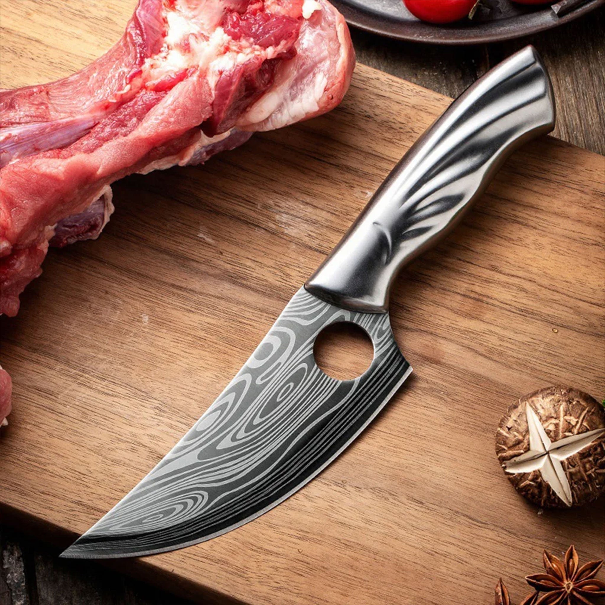 Damascus Pattern Kitchen Cleaver & Butcher Knife with Shears