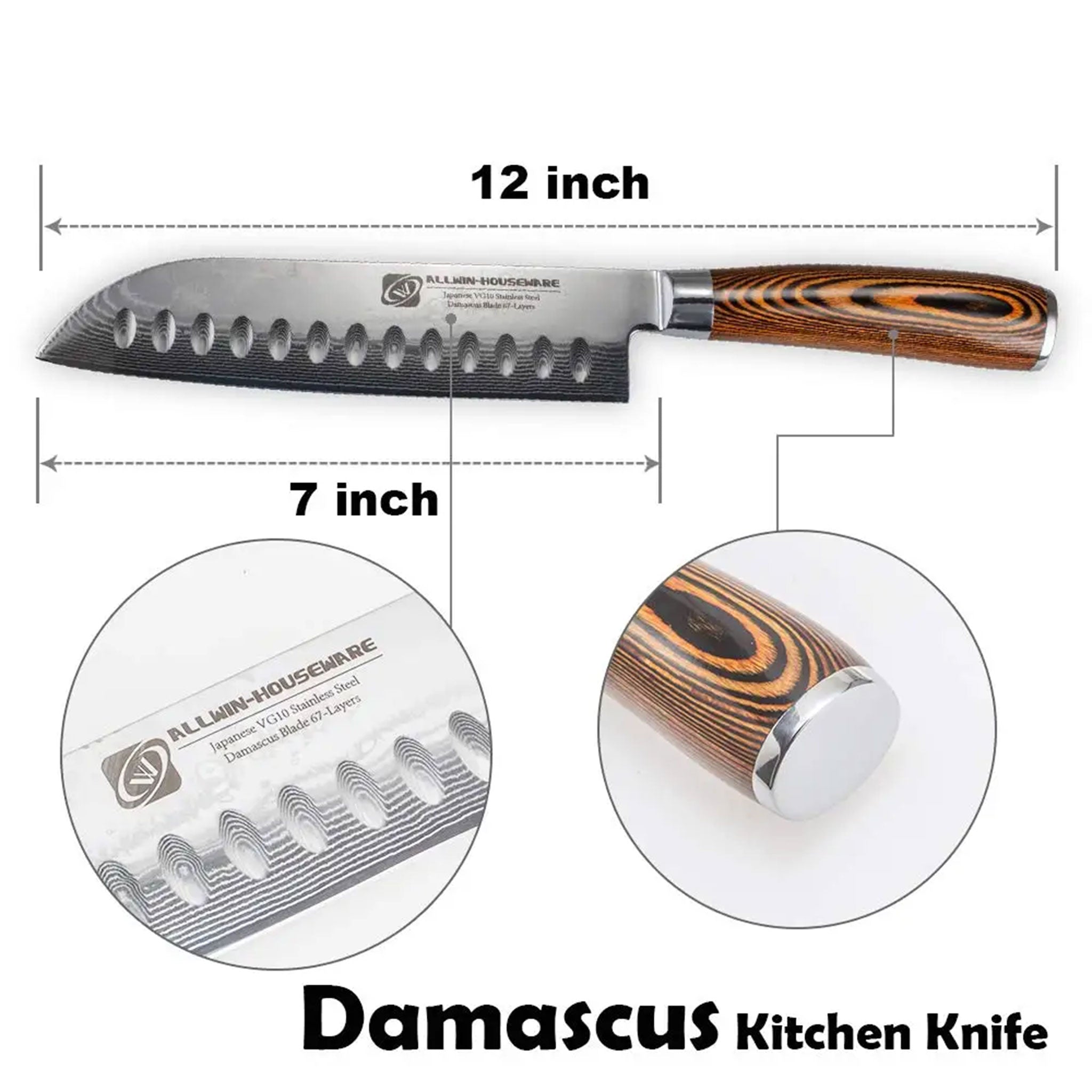 Damascus Steel 7" Santoku Chef Knife with Rosewood Handle
