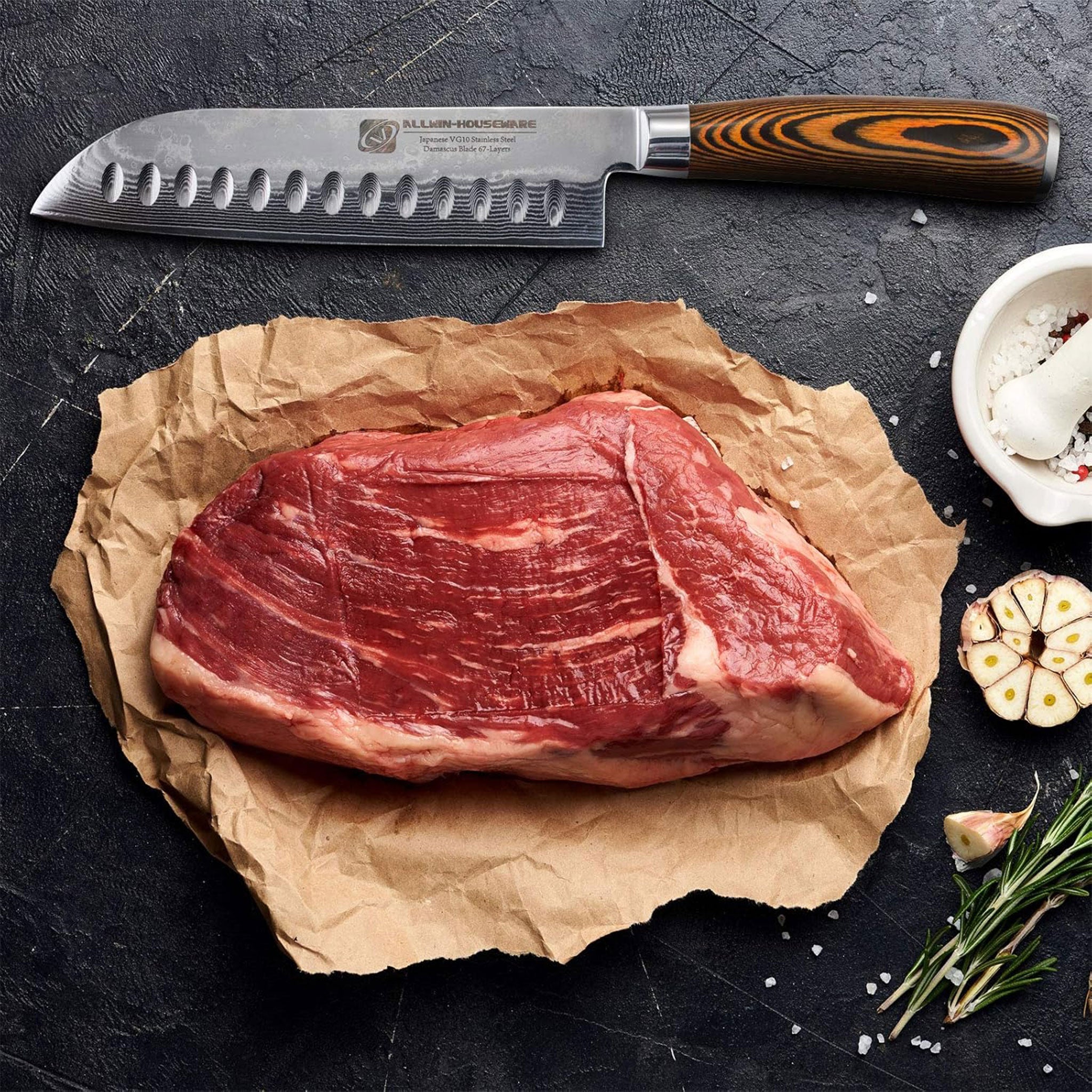 Damascus Steel 7" Santoku Chef Knife with Rosewood Handle