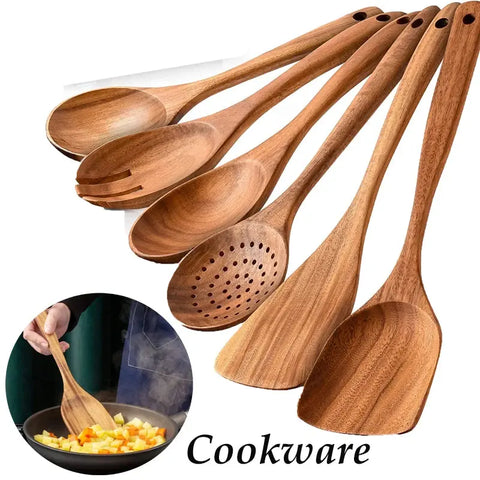 Durable Teak Natural Wood Spoon Nonstick Special Wooden Cooking Tools Safe Long Handle Cookware Slotted Spoon Spatula Gadgets wiktra