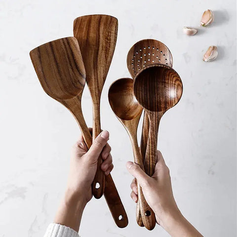 Durable Teak Natural Wood Spoon Nonstick Special Wooden Cooking Tools Safe Long Handle Cookware Slotted Spoon Spatula Gadgets wiktra