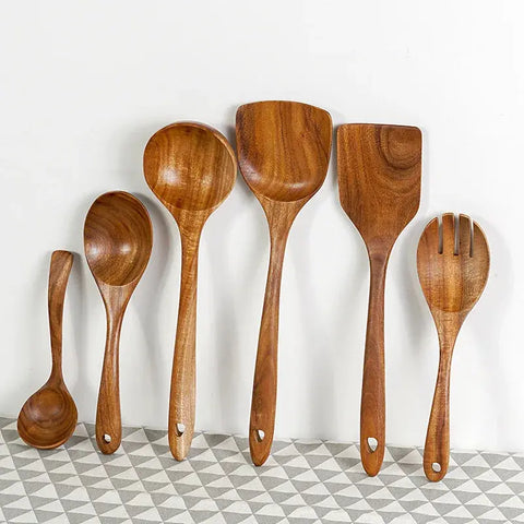 Durable Teak Natural Wood Spoon Nonstick Special Wooden Cooking Tools Safe Long Handle Cookware Slotted Spoon Spatula Gadgets wiktra