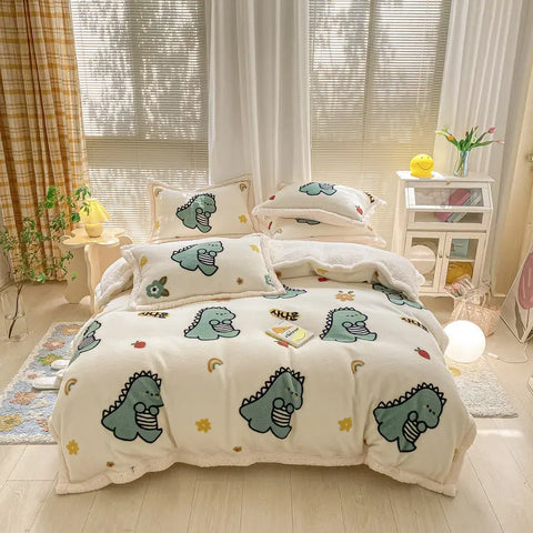 Falai Cashmere Four-piece Cartoon Naked Sleeping Thick Bed Sheet Quilt Cover Simple Pillowcase Student Dormitory Bedding Kit wiktra