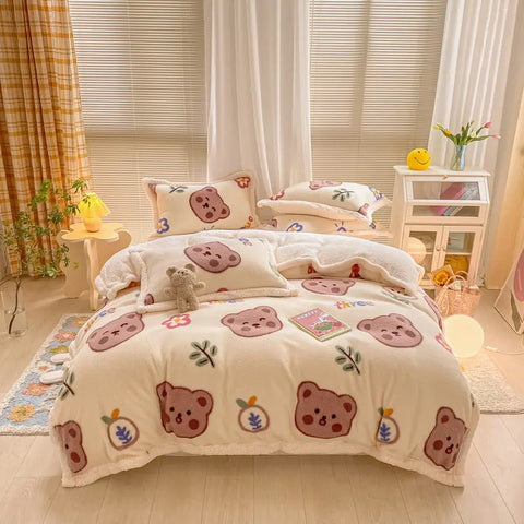 Falai Cashmere Four-piece Cartoon Naked Sleeping Thick Bed Sheet Quilt Cover Simple Pillowcase Student Dormitory Bedding Kit wiktra