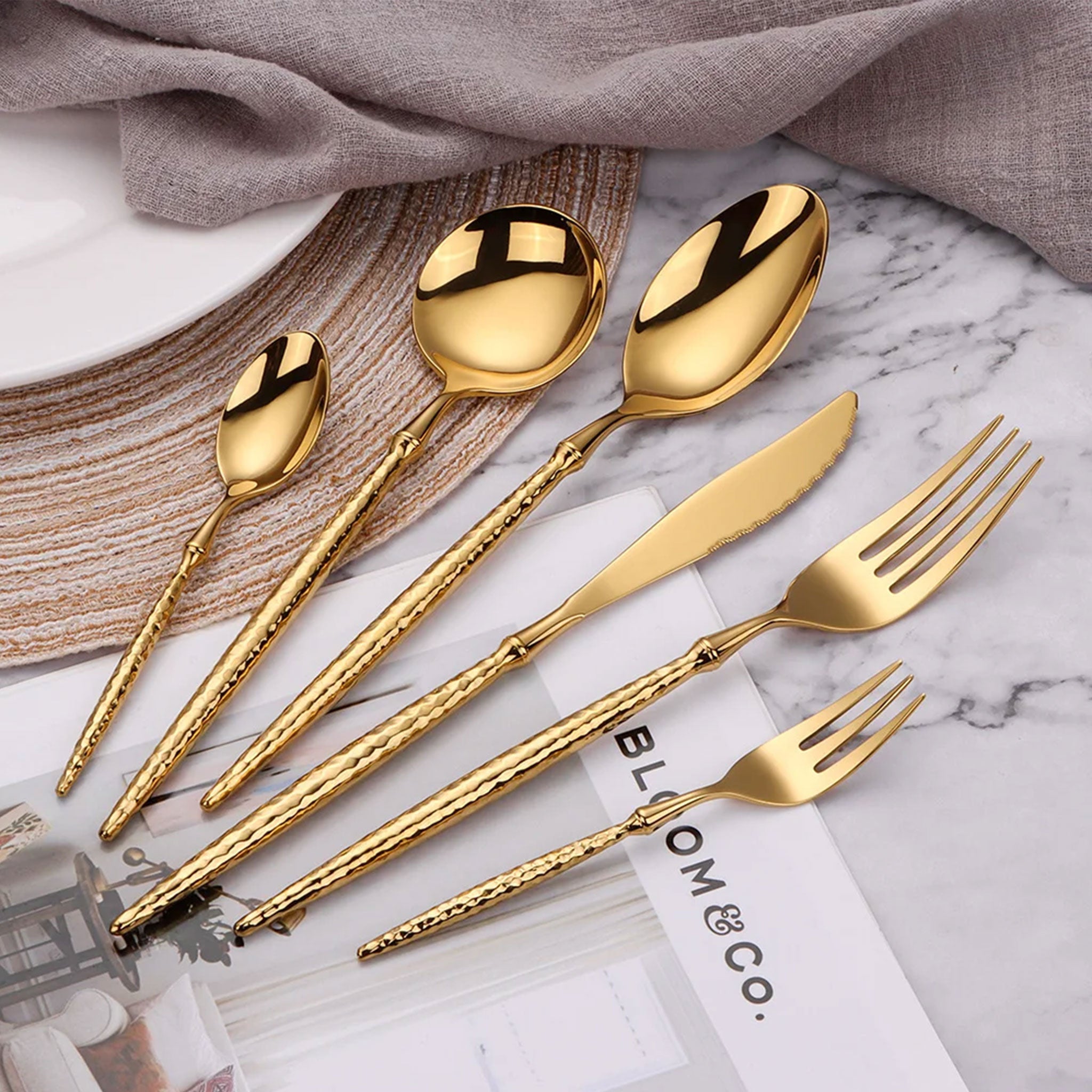 Gold & Silver Stainless Steel Cutlery Set – 16/20/24pcs Hammered Handle