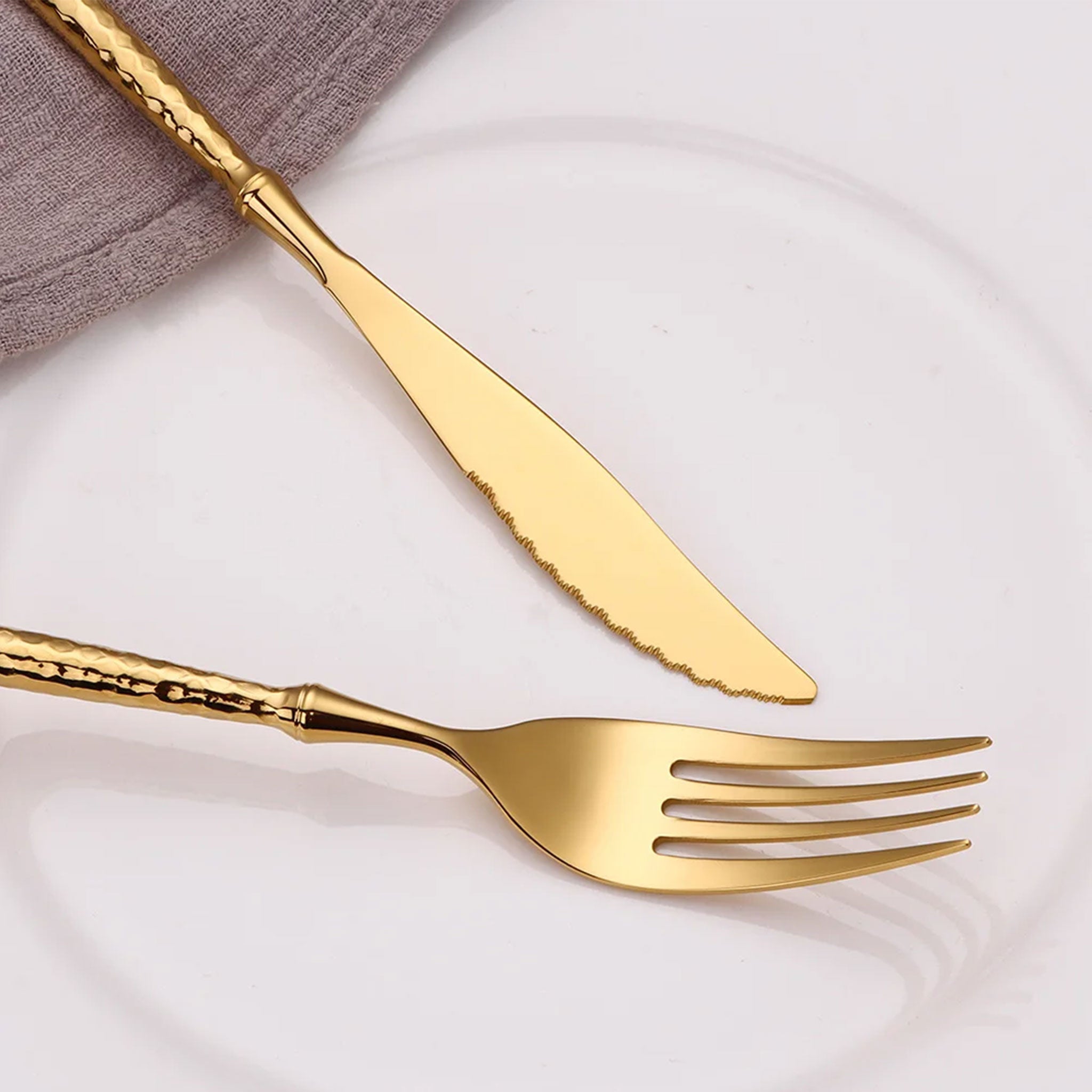 Gold & Silver Stainless Steel Cutlery Set – 16/20/24pcs Hammered Handle