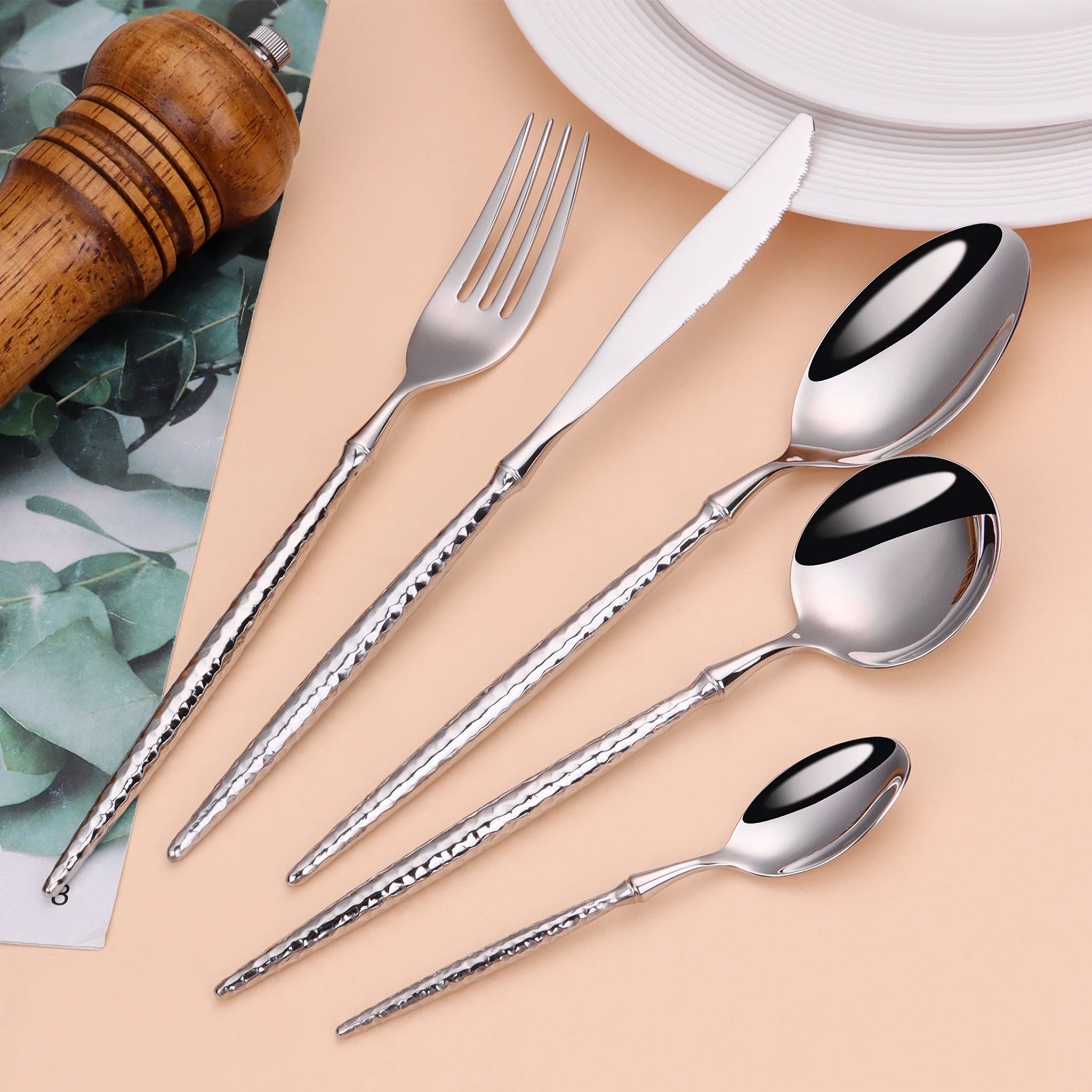 Gold & Silver Stainless Steel Cutlery Set – 16/20/24pcs Hammered Handle