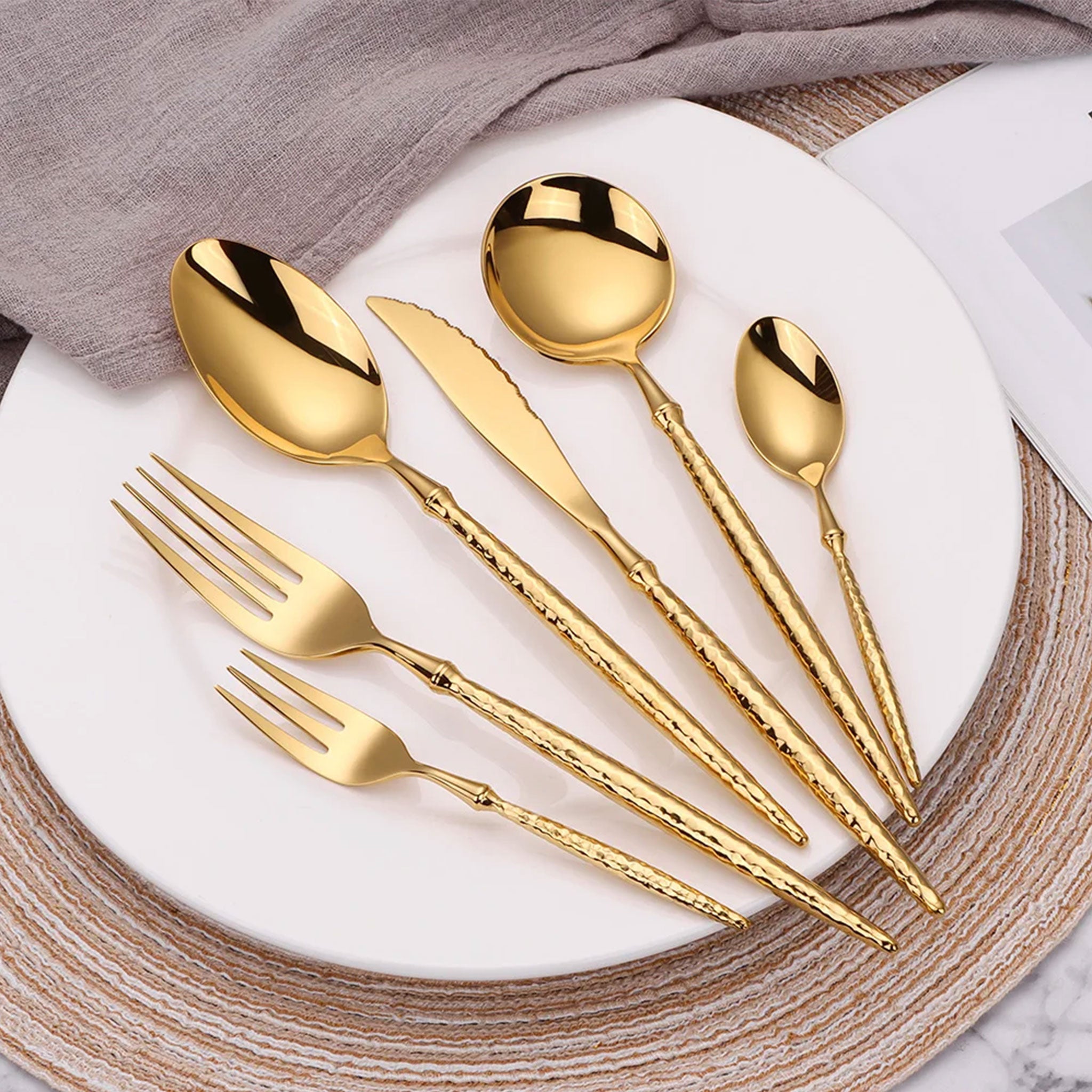 Gold & Silver Stainless Steel Cutlery Set – 16/20/24pcs Hammered Handle