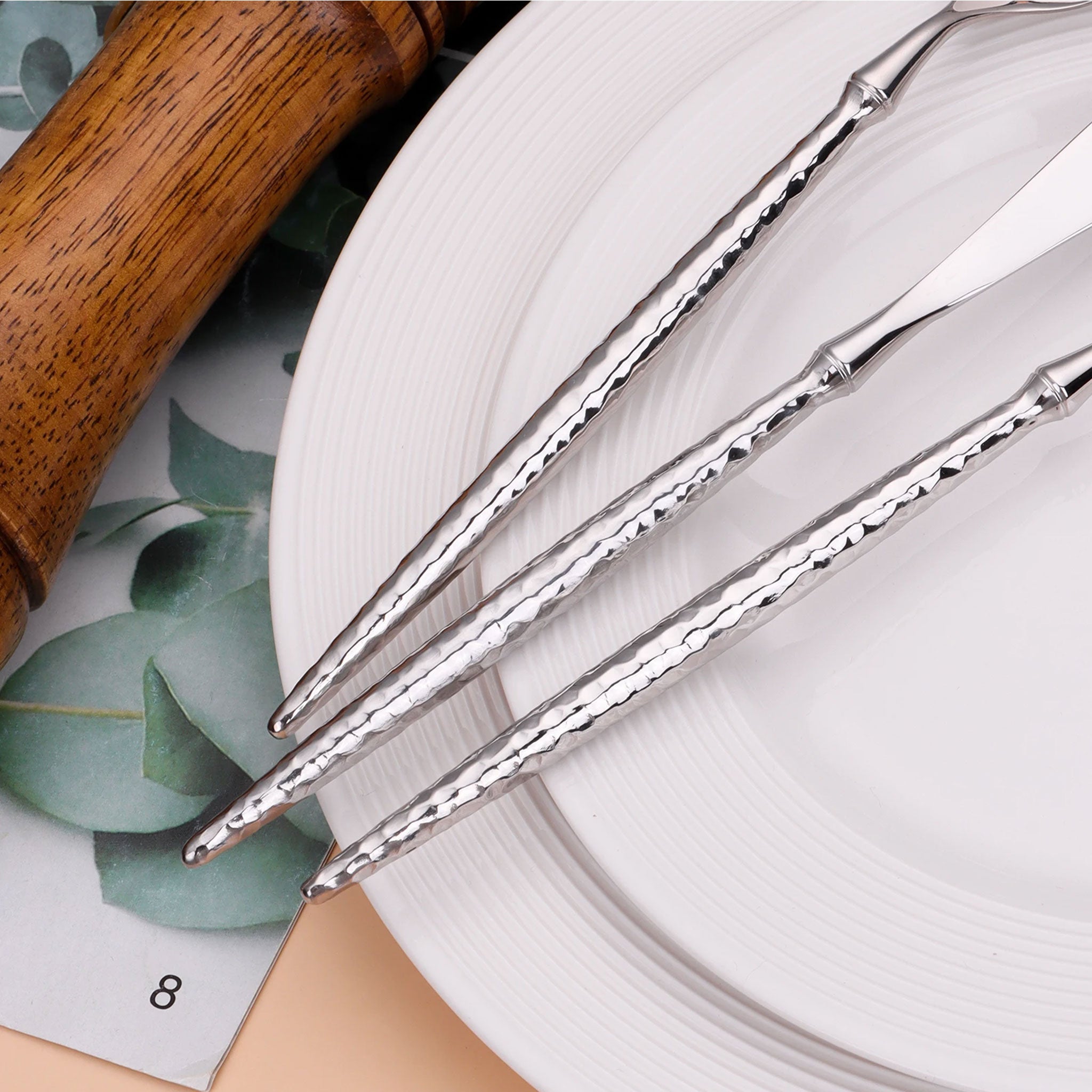 Gold & Silver Stainless Steel Cutlery Set – 16/20/24pcs Hammered Handle