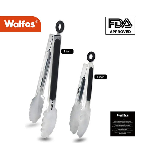 WALFOS Kitchen Tongs  430 Premium Stainless Steel Metal Kitchen Tongs  Non-Slip Heat Resistant Handle  Great for Cooking  Salad