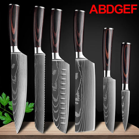 7CR17 Japanese Kitchen Knives Set Laser Damascus Pattern Chef Knife Sharp Santoku Cleaver Slicing Utility Knives Tools