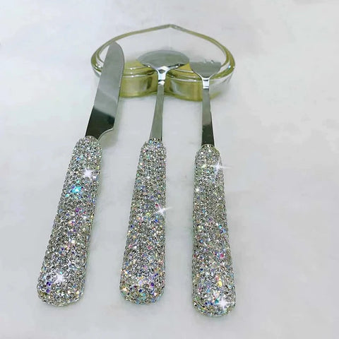 3 Piece Sets Bling Rhinestones Cutlery Household Steak Stainless Steel Diamond Knife Fork Spoon Kitchen Party Dinner Tableware