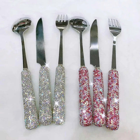 3 Piece Sets Bling Rhinestones Cutlery Household Steak Stainless Steel Diamond Knife Fork Spoon Kitchen Party Dinner Tableware