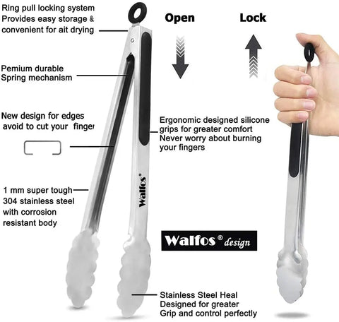 WALFOS Non-Stick BBQ Grilling Tong Salad Serving Food Tong Stainless Steel Metal Kitchen Tongs Barbecue Cooking Locking Tong