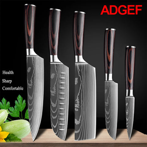 7CR17 Japanese Kitchen Knives Set Laser Damascus Pattern Chef Knife Sharp Santoku Cleaver Slicing Utility Knives Tools