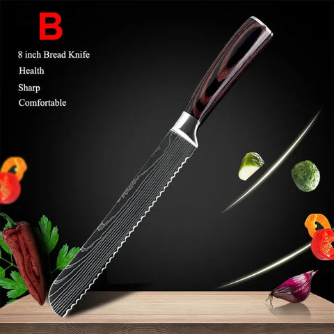 7CR17 Japanese Kitchen Knives Set Laser Damascus Pattern Chef Knife Sharp Santoku Cleaver Slicing Utility Knives Tools