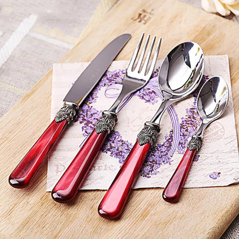 Stainless Steel Dinnerware Set with Luxurious Seashell Handle, Red and White Dinner Knife, Scoop and Fork