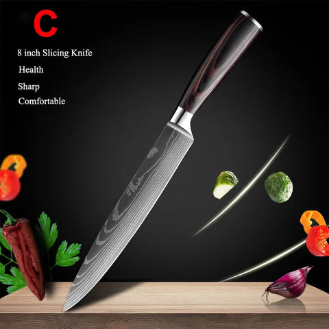 7CR17 Japanese Kitchen Knives Set Laser Damascus Pattern Chef Knife Sharp Santoku Cleaver Slicing Utility Knives Tools