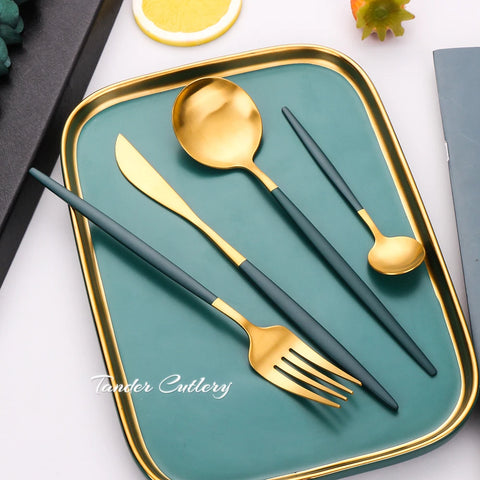 Matte Gold Tableware Stainless Steel Dinnerware Cutlery Sets Ustensiles Plats 4Pcs Knife Fork Spoon Kitchen Accessories For Home