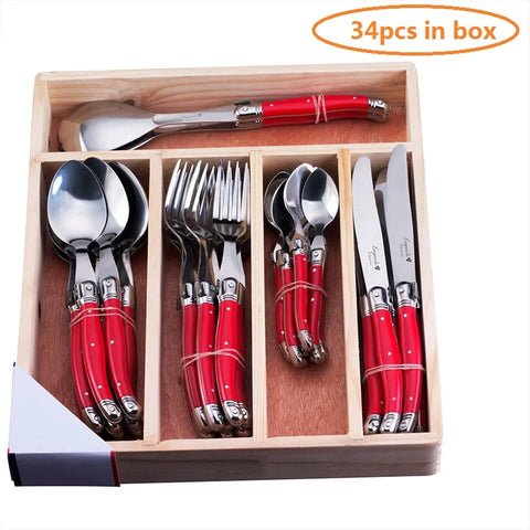 34pcs Laguiole Style Black Red Dinnerware set Rainbow Cutlery Xmas Gift Stainless Steel Steak Knives Fork Salad Spoon Teaspoon