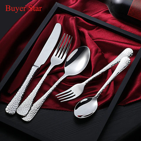 5pcs/lot Silver Stainless Steel Cutlery Flatware Sets Western Food dinnerware Set Fork Knife Spoon Hammered Kitchen tools Sets