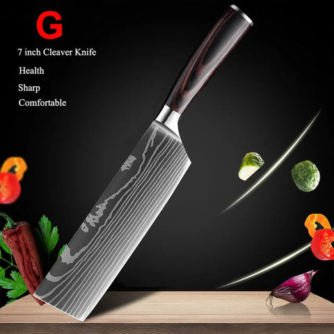 7CR17 Japanese Kitchen Knives Set Laser Damascus Pattern Chef Knife Sharp Santoku Cleaver Slicing Utility Knives Tools