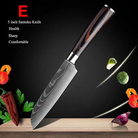 7CR17 Japanese Kitchen Knives Set Laser Damascus Pattern Chef Knife Sharp Santoku Cleaver Slicing Utility Knives Tools