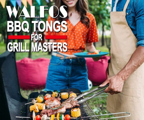 Walfos BBQ Grilling Tong Salad Serving Food Tong Stainless Steel Metal Kitchen Tongs Barbecue Cooking Locking Tong