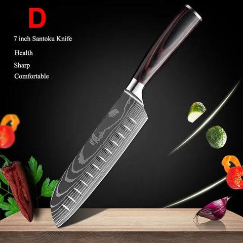 7CR17 Japanese Kitchen Knives Set Laser Damascus Pattern Chef Knife Sharp Santoku Cleaver Slicing Utility Knives Tools