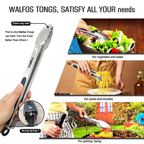 WALFOS Non-Stick BBQ Grilling Tong Salad Serving Food Tong Stainless Steel Metal Kitchen Tongs Barbecue Cooking Locking Tong