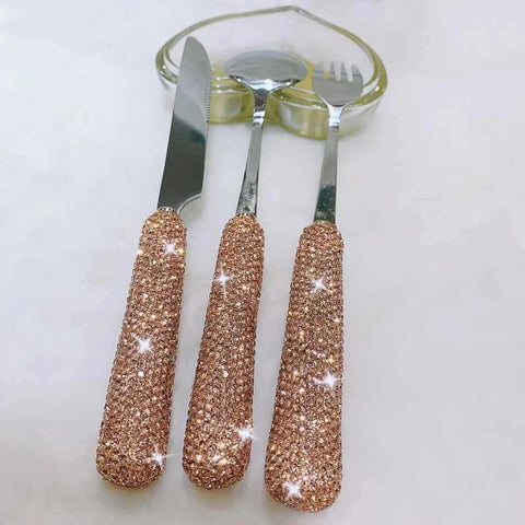 3 Piece Sets Bling Rhinestones Cutlery Household Steak Stainless Steel Diamond Knife Fork Spoon Kitchen Party Dinner Tableware