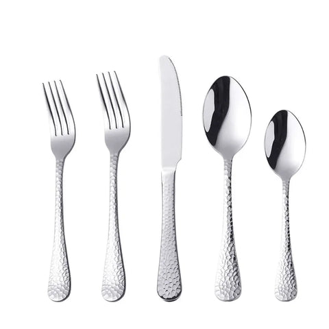 5pcs/lot Silver Stainless Steel Cutlery Flatware Sets Western Food dinnerware Set Fork Knife Spoon Hammered Kitchen tools Sets