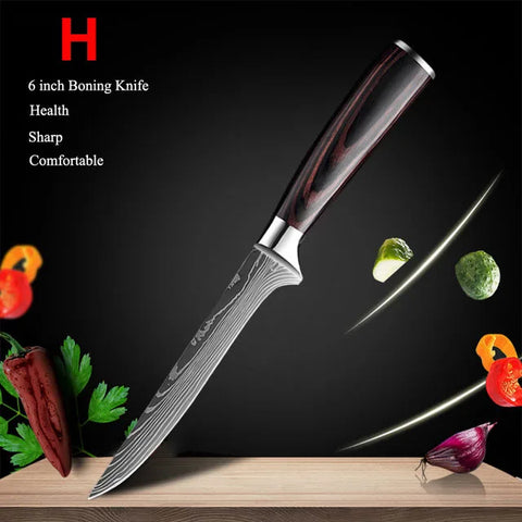 7CR17 Japanese Kitchen Knives Set Laser Damascus Pattern Chef Knife Sharp Santoku Cleaver Slicing Utility Knives Tools