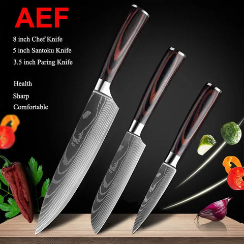 7CR17 Japanese Kitchen Knives Set Laser Damascus Pattern Chef Knife Sharp Santoku Cleaver Slicing Utility Knives Tools