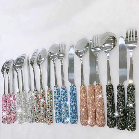 3 Piece Sets Bling Rhinestones Cutlery Household Steak Stainless Steel Diamond Knife Fork Spoon Kitchen Party Dinner Tableware