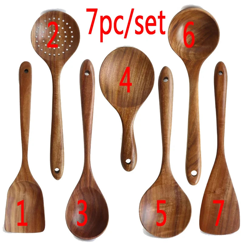 1-7pcs/set Teak Natural Wood Tableware Spoon Colander Spoon Special Nano Soup Skimmer Cooking Spoon Wooden Kitchen Tool Kit