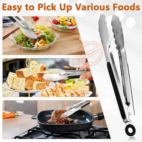 WALFOS Kitchen Tongs  430 Premium Stainless Steel Metal Kitchen Tongs  Non-Slip Heat Resistant Handle  Great for Cooking  Salad