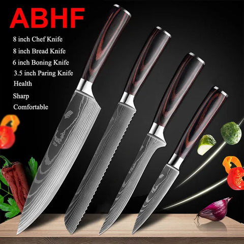 7CR17 Japanese Kitchen Knives Set Laser Damascus Pattern Chef Knife Sharp Santoku Cleaver Slicing Utility Knives Tools