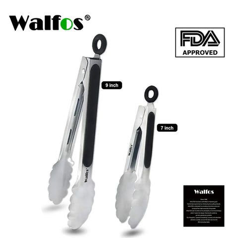 WALFOS Kitchen Tongs, 430 Premium Stainless Steel and Non-Slip Heat Resistant Handle Great for Cooking, Salad and Barbecue