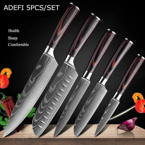 7CR17 Japanese Kitchen Knives Set Laser Damascus Pattern Chef Knife Sharp Santoku Cleaver Slicing Utility Knives Tools