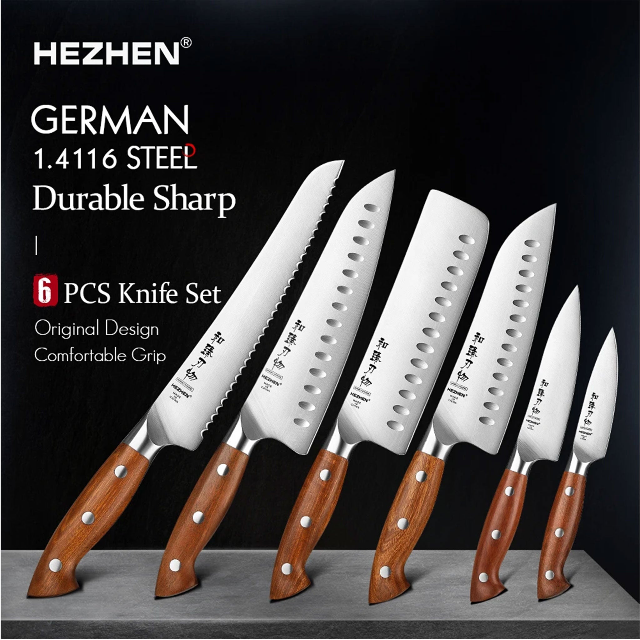 HEZHEN 1PC/6PC Kitchen Knife Set with Red Wood Handles